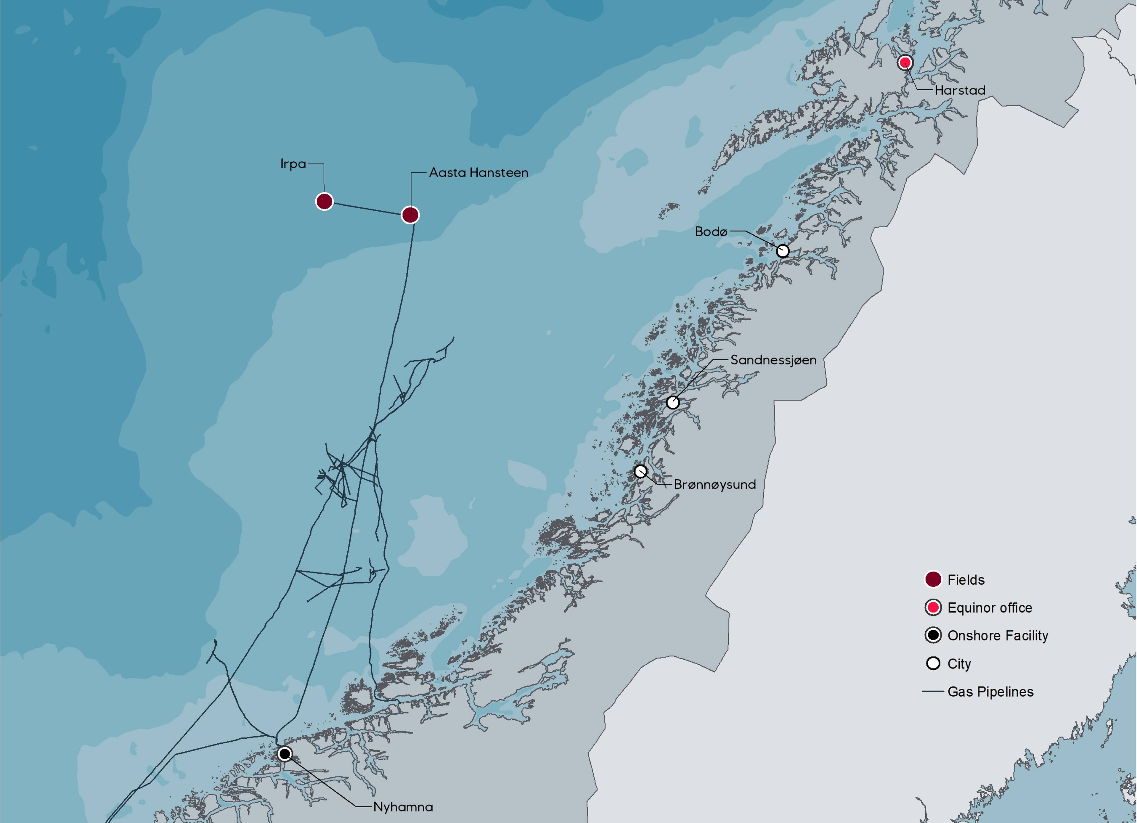 Kart over Aasta Hansteen feltet og Irpa tilknytningen
