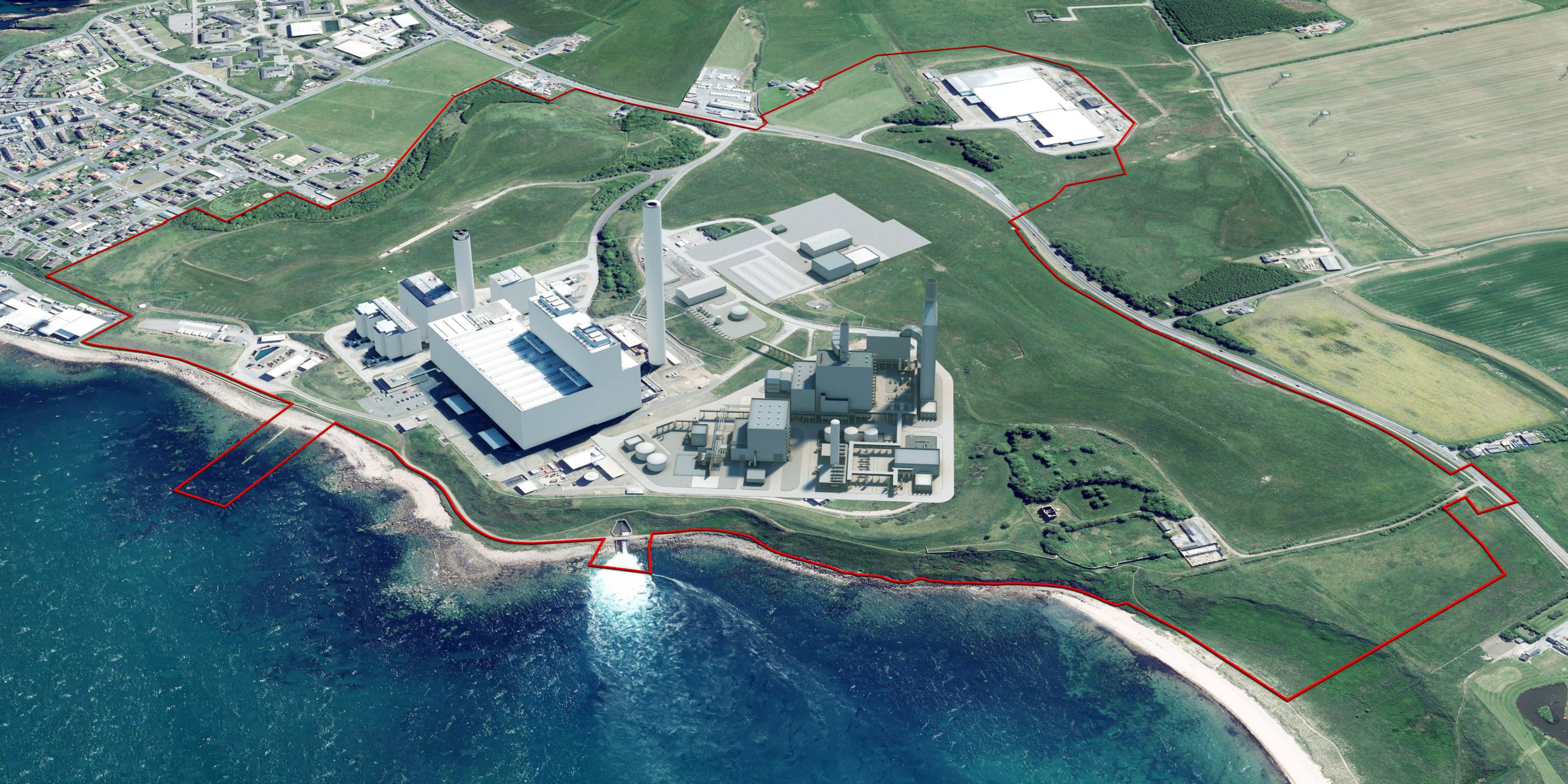 Aerial photo and illustration of the proposed Peterhead Carbon Capture Power Station