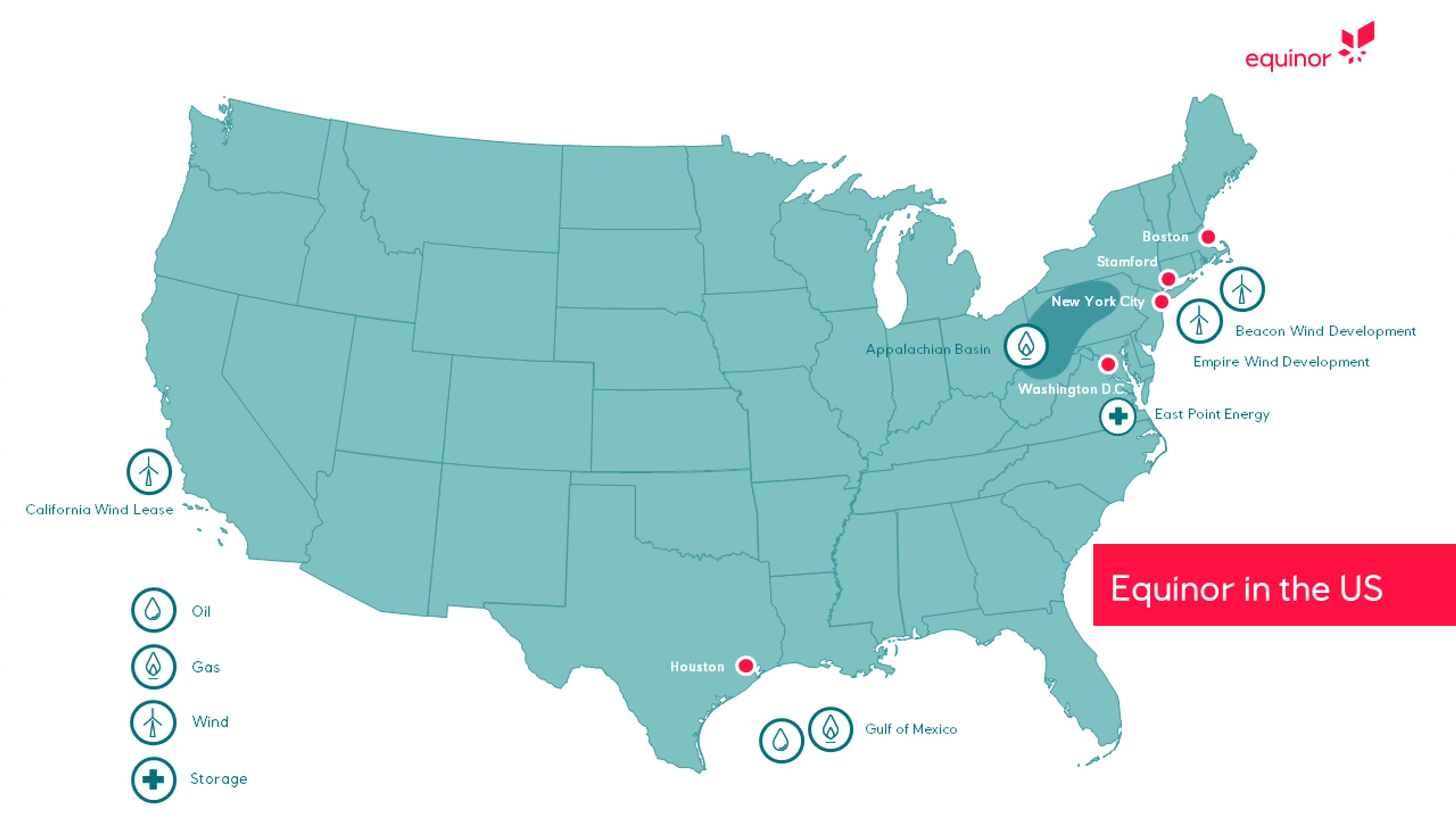 Map of the US showing Equinor's offices and oil, gas and wind assets