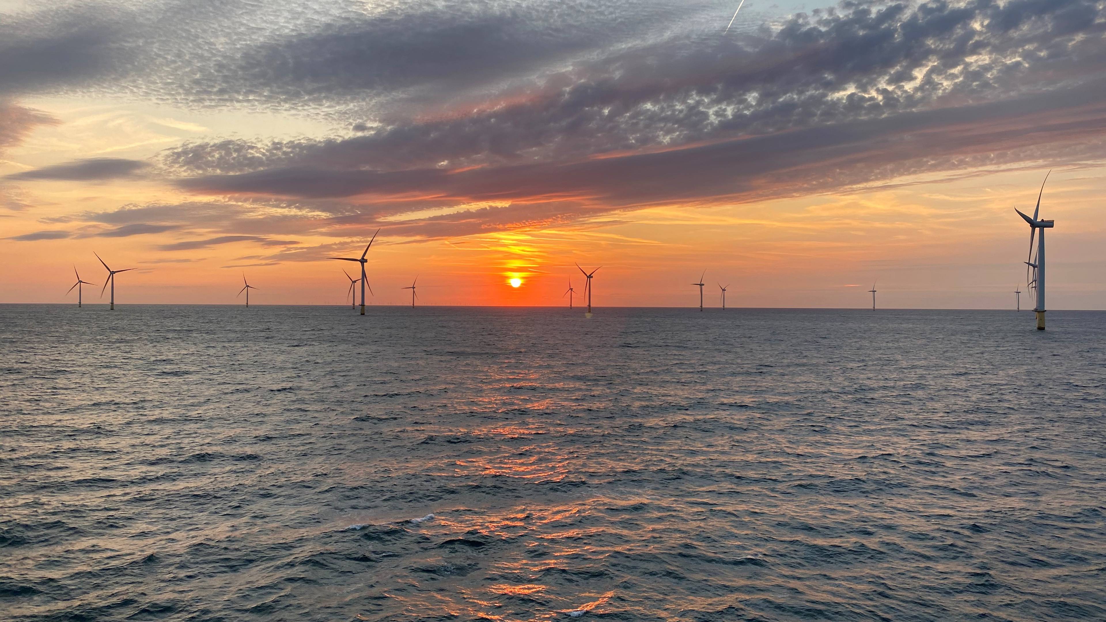 Sunset at the Dudgeon wind farm