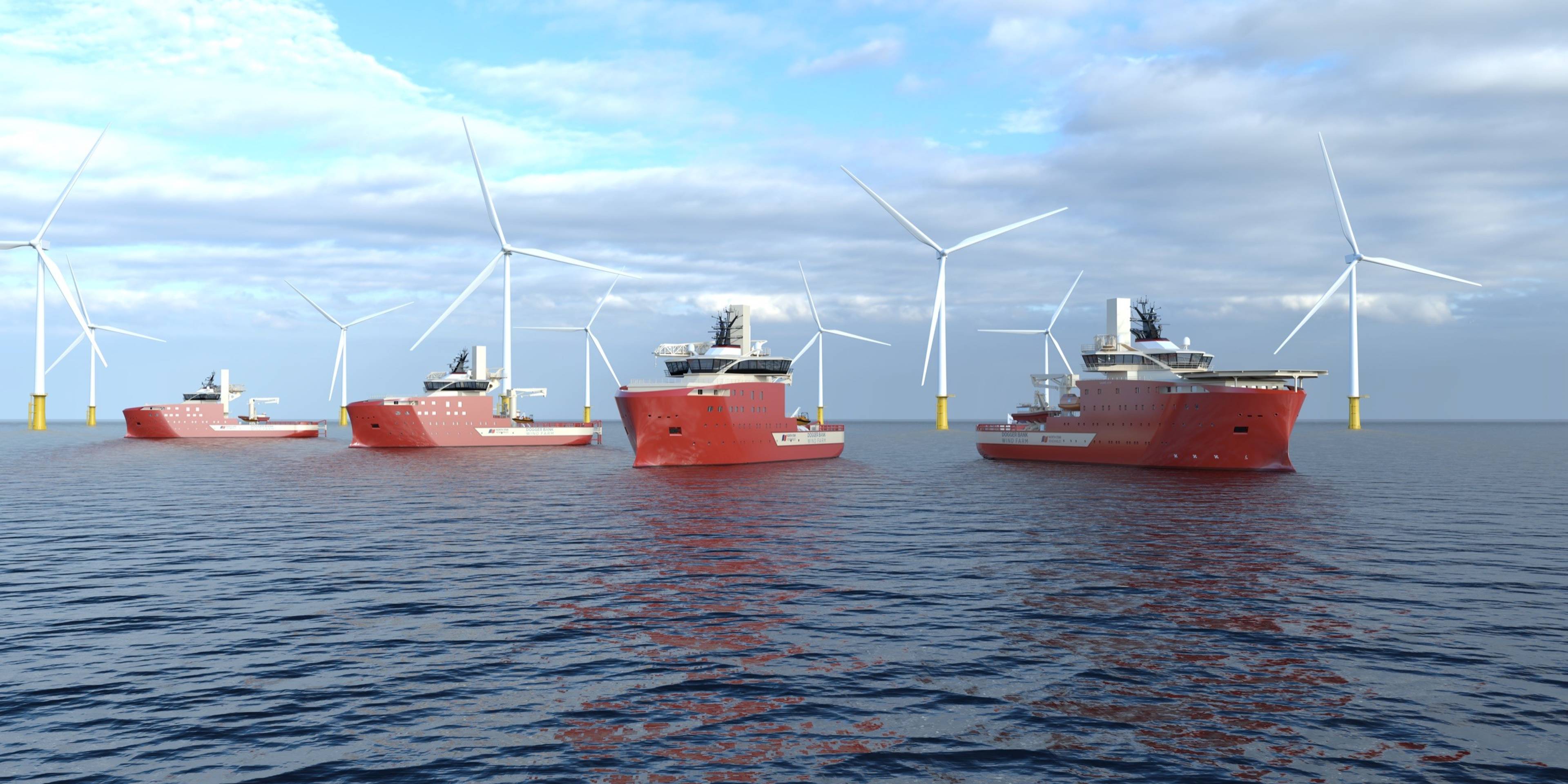 Illustration of four service operations vessels with wind turbines in the background