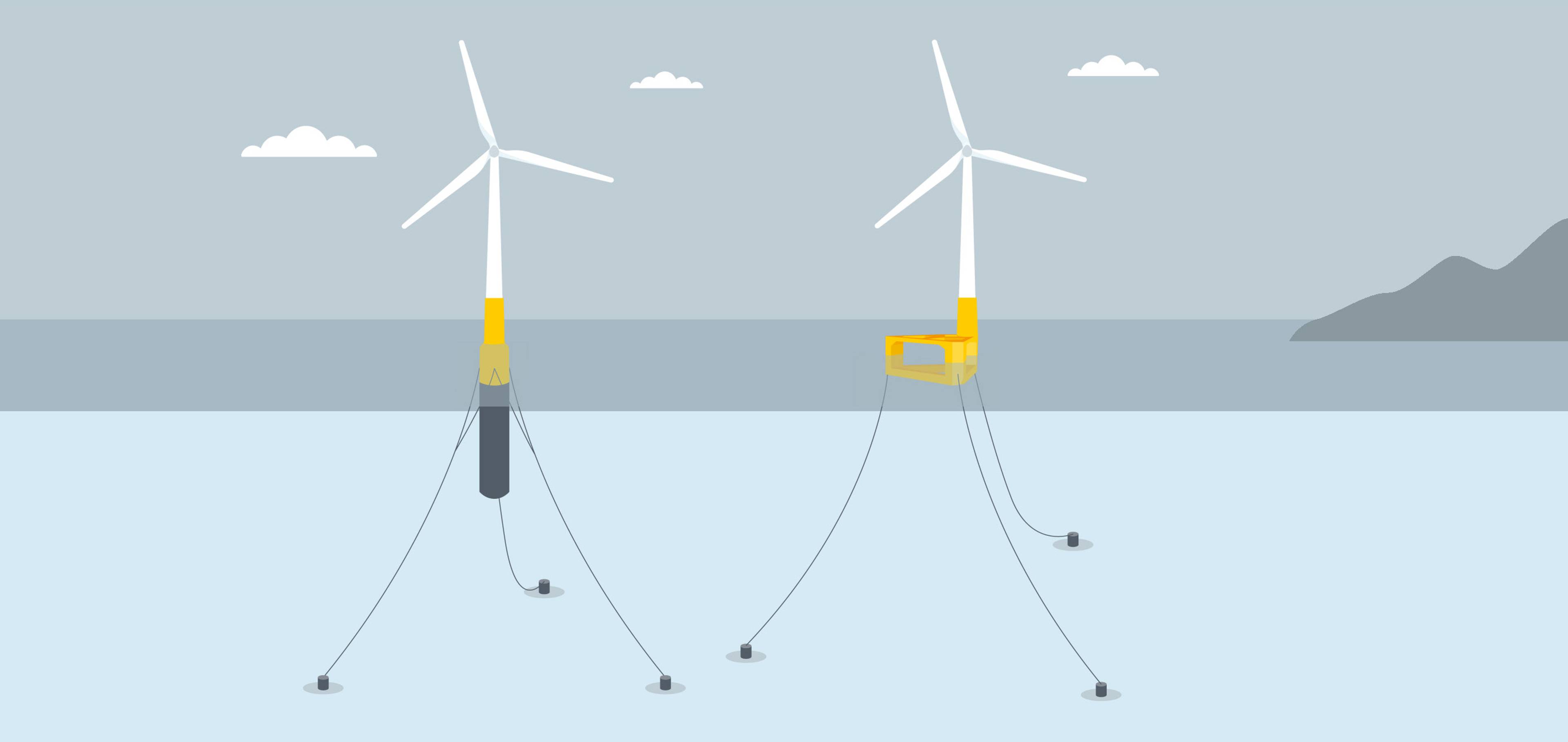 Illustration of two different floating wind turbines